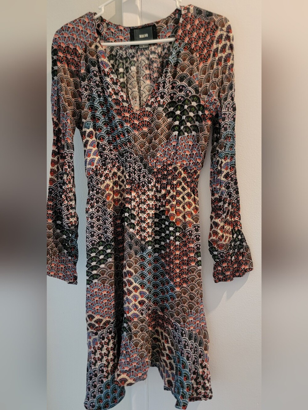 Maeve Multicolor Scallop-Print Midi, Long Sleeve Dress M